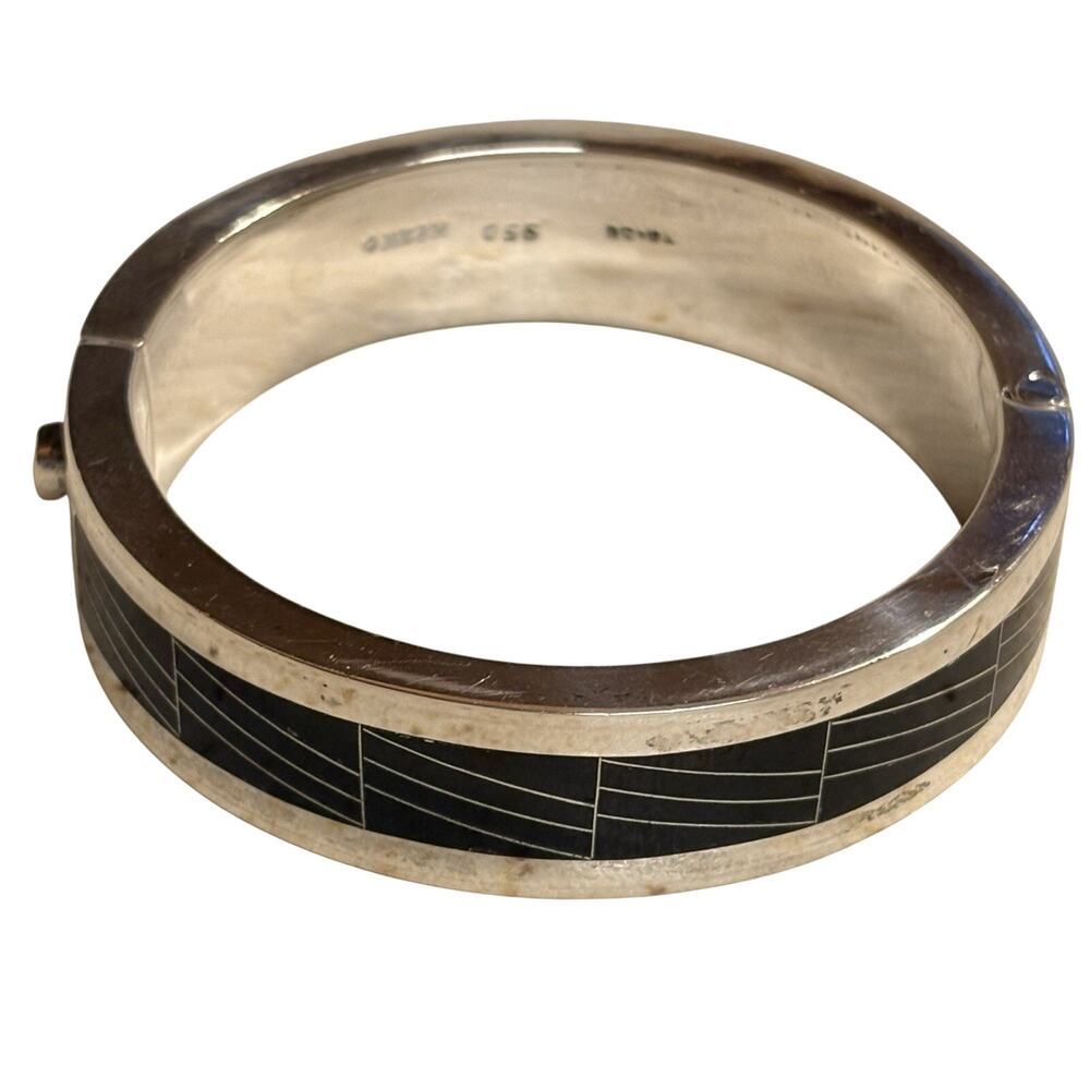 Taxco Dulce 950 Silver Bangle Bracelet Inlayed Black Onyx TO-34 Vintage Mexico